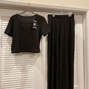 Black Ribbed Two-Piece Lounge Set Comfy